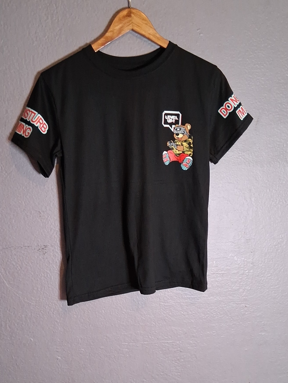 Black Kids Short-Sleeve Graphic Tee with Bear Pocket Print